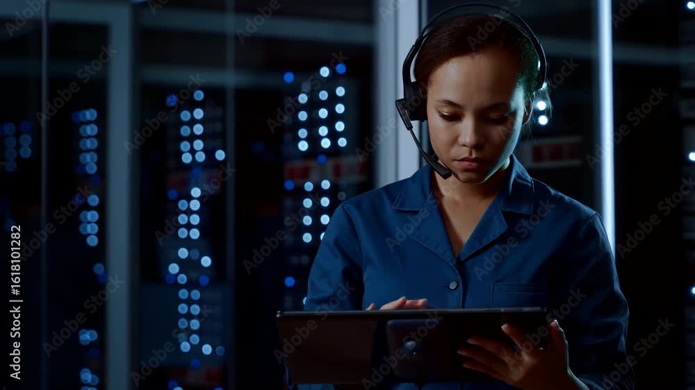 Poster woman with headset using tablet for server maintenance and network monitoring in data center at nigh