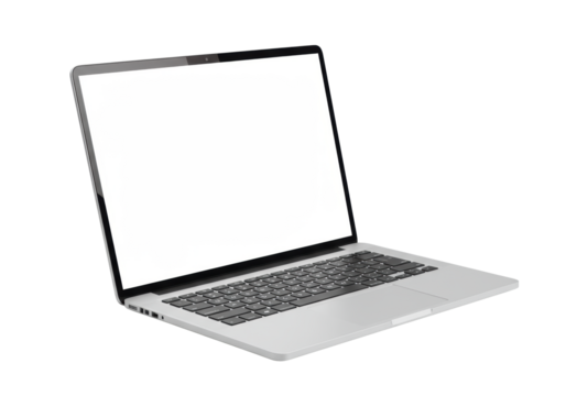 A sleek modern silver laptop, open with a blank white screen and minimalist black keyboard, shown from a slightly high angle on a seamless transparent background with no shadows, professional