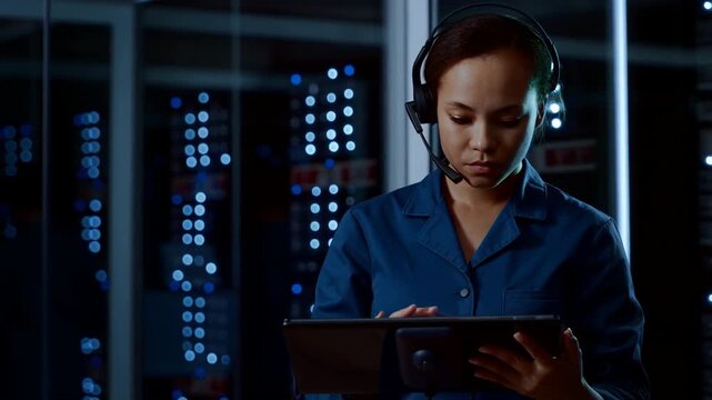 Woman with headset using tablet for server maintenance and network monitoring in data center at night shift for cybersecurity, IT support and communication technology in modern digital infrastructure
