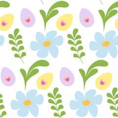 Hand Drawn Easter Eggs Flowers and Spring Twigs Seamless Pattern Easter Holidays Thematic Background