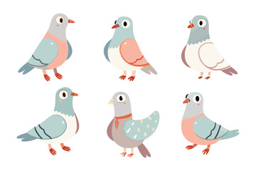 Playful Pigeon Collection: Delightful collection of cartoon pigeons, each with its unique pose and color palette, adding a touch of whimsy and charm to any project.