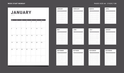 2026 Calendar Planner Set of new Template 12 Monthly Page for Corporate or Personal use. Vector layout grid vertical of wall or desk organizer with week start Monday for print. Pages size A4-21x29.7