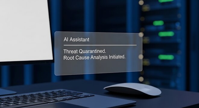 Futuristic concept of advanced cybersecurity, with an AI assistant quarantining a threat in a high-tech data center. - Powered by Adobe