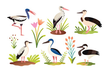 Obraz premium Artistic Bird Ensemble: A charming set of illustrated birds showcasing diverse species amidst vibrant flora, capturing the essence of avian beauty and biodiversity.