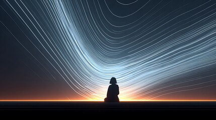 Mystical floating human silhouette with glowing aura lines radiating energy in dark cosmic space, spiritual and ethereal light concept.