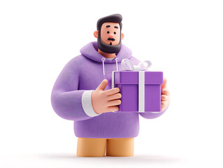 Satisfied happy customer holding purple gift box with package on white background, 3D render of joyful shopping and delivery concept.