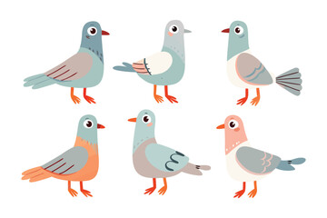 Colorful pigeon illustration: A captivating collection of cartoon pigeons, each showcasing unique hues and charming designs, are illustrated, adding a delightful touch of avian artistry.