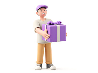 Satisfied happy customer holding purple gift box with package on white background, 3D render of joyful shopping and delivery concept.
