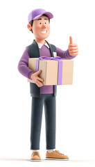 Satisfied happy customer holding purple gift box with package on white background, 3D render of joyful shopping and delivery concept.