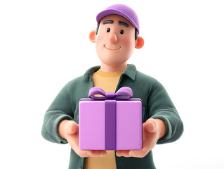 Satisfied happy customer holding purple gift box with package on white background, 3D render of joyful shopping and delivery concept.