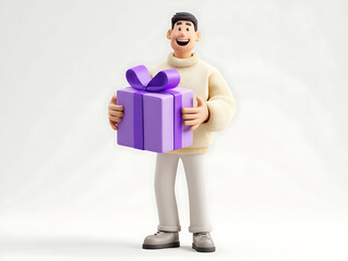 Satisfied happy customer holding purple gift box with package on white background, 3D render of joyful shopping and delivery concept.