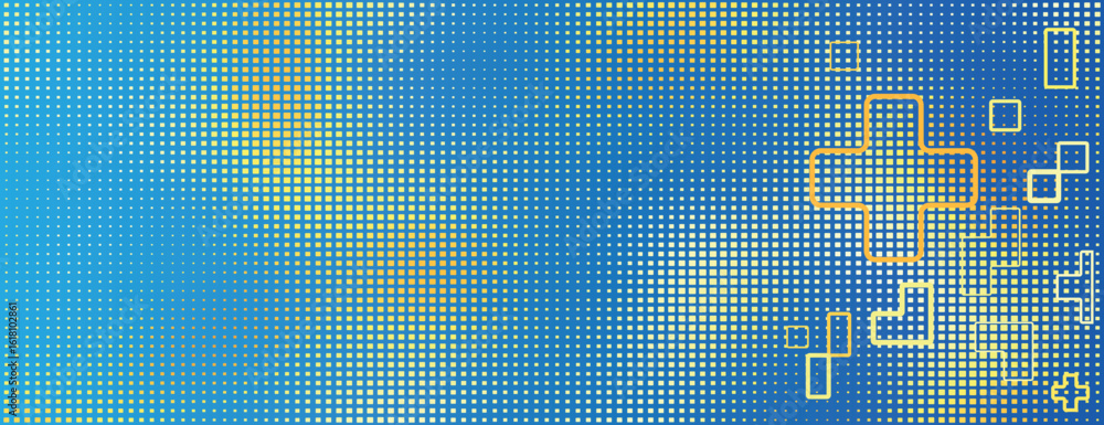 Poster digital blue background with a pixelated texture. the blue background features a gradient with abstr