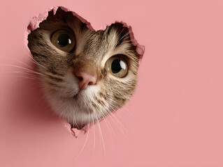 Adorable kitten peeking through pink heart-shaped hole, expressing warmth and tenderness with playful curiosity and cute charm.