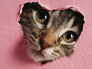 Adorable kitten peeking through pink heart-shaped hole, expressing warmth and tenderness with playful curiosity and cute charm.