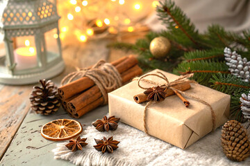 Cozy rustic holiday scene with wrapped gifts, cinnamon sticks, and pinecones