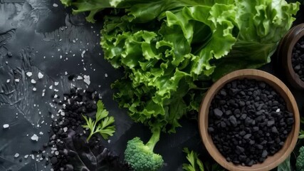 Fresh vegetables and spices on dark background. Useful for cooking blogs, healthy eating advertising and cooking courses.
