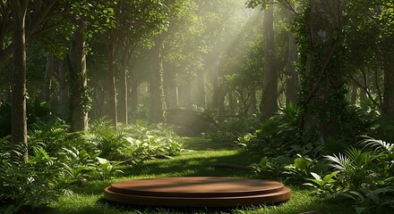 A wooden platform sits in a lush, sunlit forest clearing, surrounded by trees and ferns.