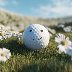 Golf ball with a smiling face on a meadow
