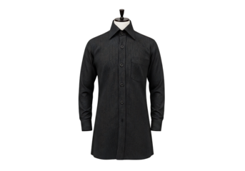 Dark gray pinstriped long-sleeve button-down shirt on a mannequin.