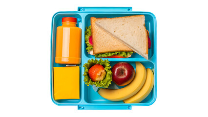 Healthy kids lunch box ideas school lunchbox sandwich fruit juice cheese balanced meal prep containers isolated on transparent background