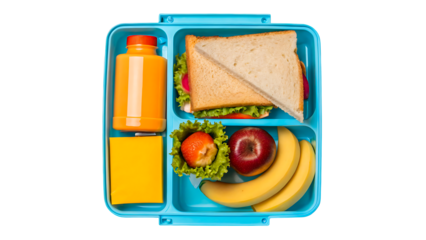 Healthy kids lunch box ideas school lunchbox sandwich fruit juice cheese balanced meal prep containers isolated on transparent background