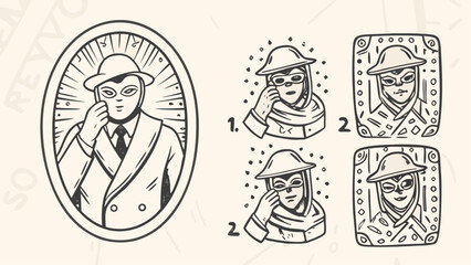 Illustrations of a masked man in a suit and hat with variations in different graphic styles