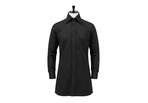Dark gray pinstriped long-sleeve button-down shirt on a mannequin.