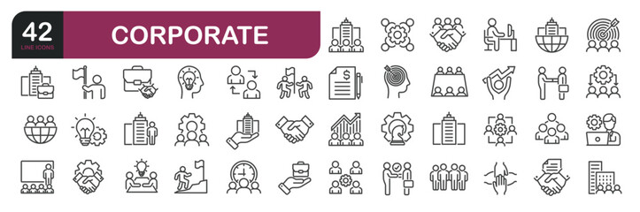 Set of line icons related to corporate, business, teamwork. Outline icons collection. Editable stroke.