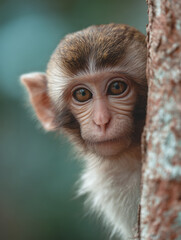 Cute Monkey Peering Around Tree Trunk 