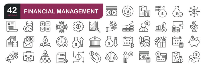 Set of line icons related to financial management, banking, investment. Outline icons collection. Editable stroke.