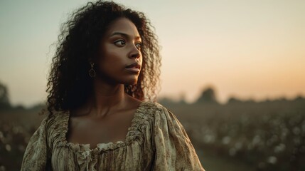 Woman in Historical Dress at Sunset in Open Field