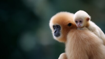 Fototapeta premium A heartwarming scene of a gibbon with its baby resting on its back. This close-up captures the bond between mother and child. The soft focus adds a tender touch. AI