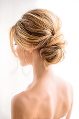 Fototapeta premium Low Bun Hairstyle on Blonde Woman with Soft Twisted Updo and Strapless Top Against Blurred Bright Background