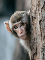 Cute Monkey Peering Around Tree Trunk 