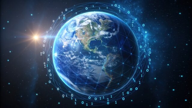 Global network connectivity connects the earth with digital data streams and bright starfield - Powered by Adobe