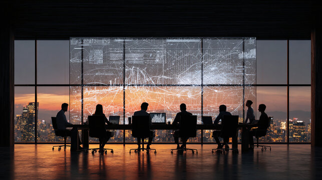 Strategic Business Meeting: Team gathers in high-rise conference room, reviewing city data at sunset, fostering collaborative decision-making and growth.