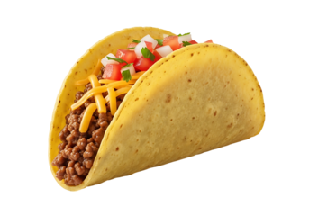 Close-up of a taco with seasoned ground beef, cheese, and salsa.