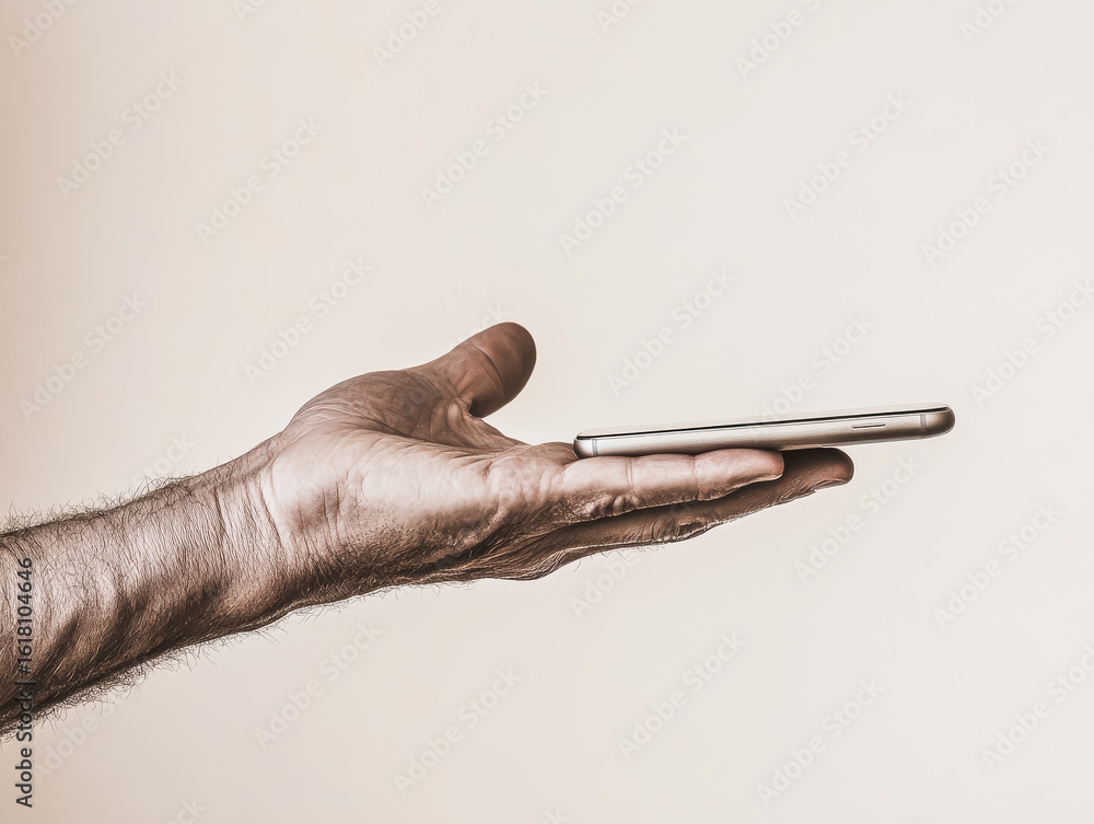 Poster hand extended, holding a smartphone in a relaxed position, with a soft background providing ample co