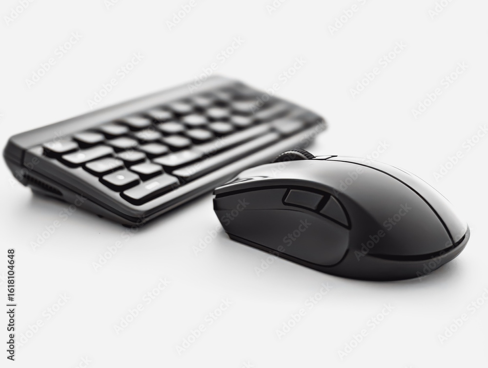 Poster black computer mouse and keyboard positioned on a smooth surface, showcasing a sleek and modern desi