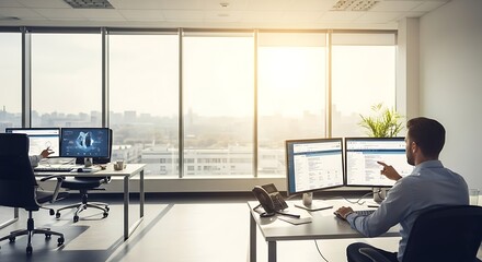 A professional man works at a dual-monitor computer in a sunlit, modern high-rise office overlooking the city.