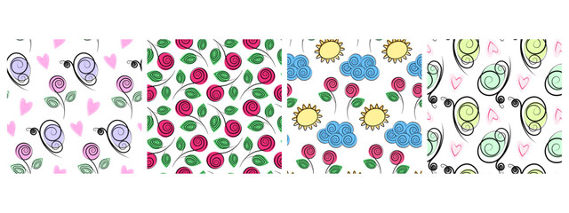 Roses Butterflies Cloud and Sun Seamless Pattern in Trendy Palettes Spring or Summer Backdrops Set