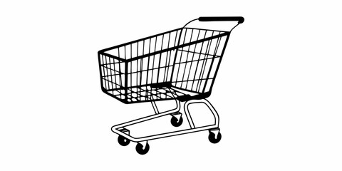Illustration of a metal shopping cart with a basket and wheels on a white background view from side