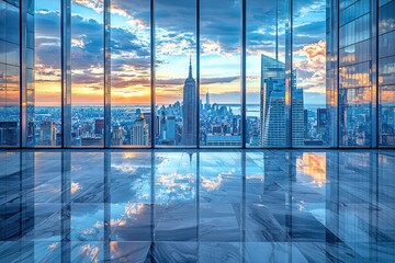 Empty modern office space with panoramic city view at sunset.  Vast windows showcase New York City skyline, reflecting in polished floor