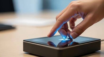 Human hand accessing a secure system by pressing a finger on a modern biometric scanner for identity verification.
