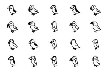 Fototapeta premium Puffin Collection in Cartoon: A delightful cartoon illustration featuring a variety of adorable puffins in different poses. It's simple, charming and joyful
