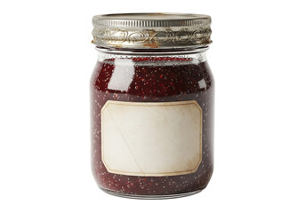 Glass jar filled with dark red fruit preserves.