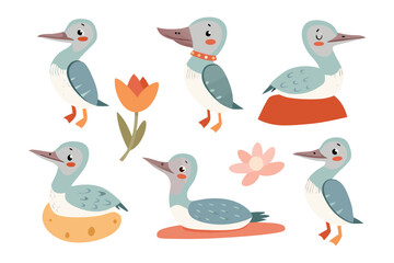 Duck Illustrations: A captivating collection of charming cartoon ducks, depicted in various adorable poses alongside colorful floral elements.