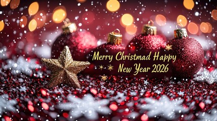 Festive Christmas baubles, gold star, and holiday greetings.  Red ornaments, a gold star, and the message "Merry Christmas Happy New Year 2026" are centered on a bed of sparkling,