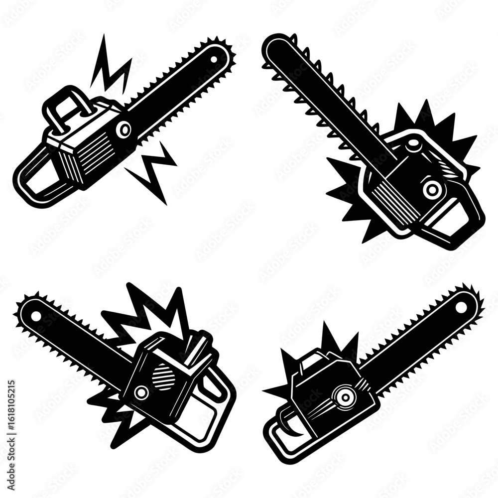 Poster four black and white chainsaw illustrations with jagged lines emanating from each chainsaw design el