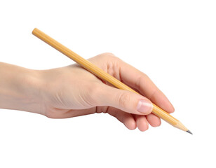 Caucasian woman's left hand holding a sharpened wooden pencil for writing or drawing isolated on transparent background. PNG die-cut for advertising